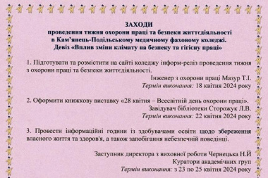 Заходи до тижня охорони праці та безпеки життєдіяльності